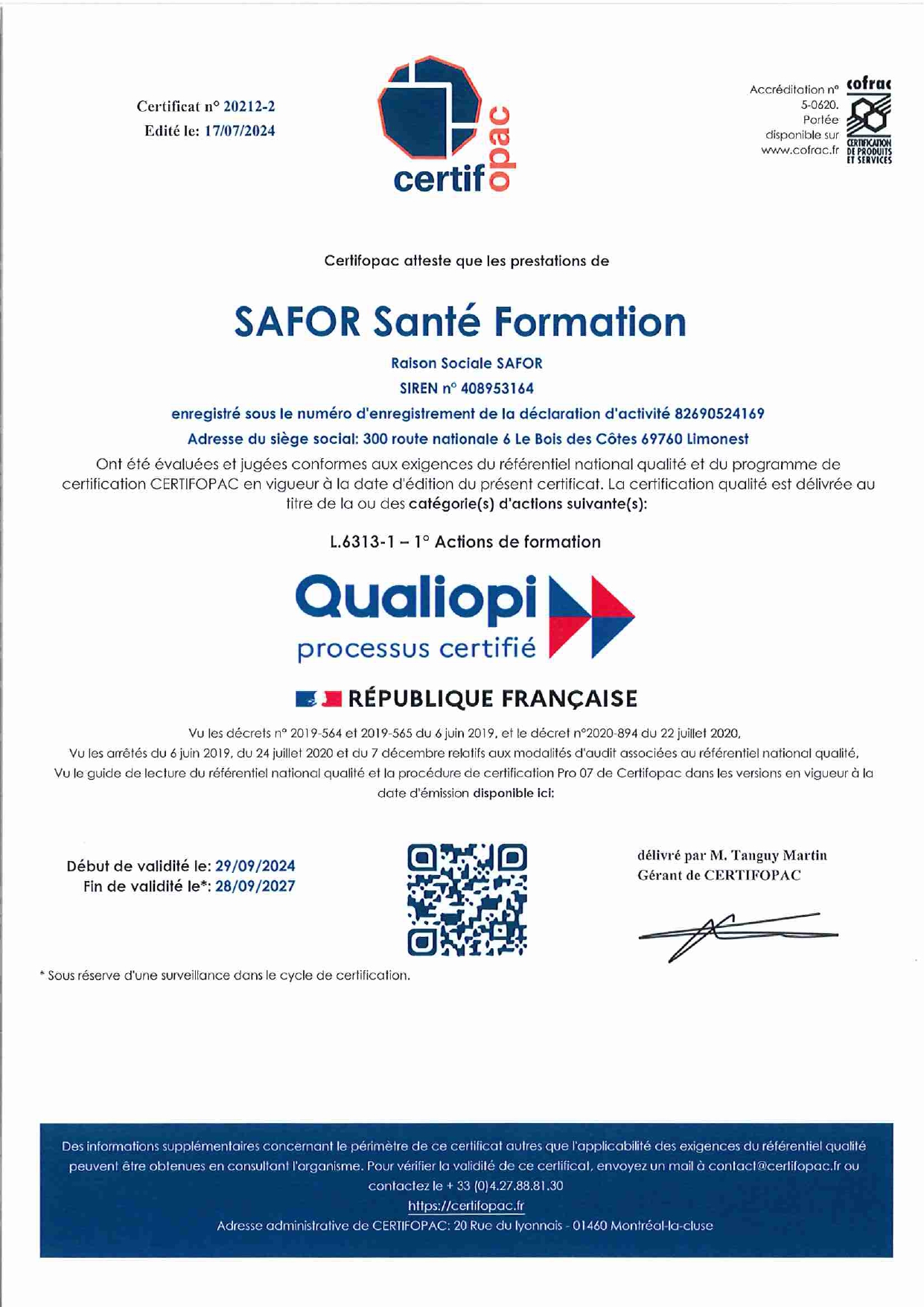 Safor est référencé Qualiopi